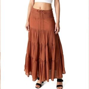 Hyfve Rust Orange Smocked Boho Tiered Maxi Peasant Skirt Size Small Beach Low